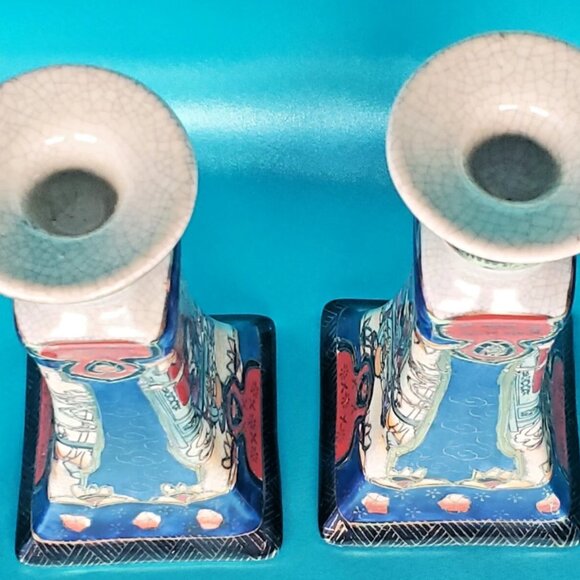 Satsuma Candlestick Holders, Elegant Geisha Design, Japan - Picture 4 of 7